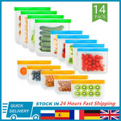 14 bucăți/set de pungi din silicon pentru alimente, pungi reutilizabile pentru păstrarea în stare proaspătă pentru fructe și legume.