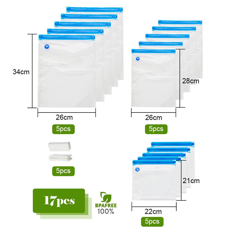 17/20 vnt. maišelių rinkiniai Daugkartinio naudojimo neapibrėžti maisto saugojimo vakuuminiai maišeliai be rankinio siurblio maišelio sandarinimo spaustukai maisto plėvelė maistui laikyti