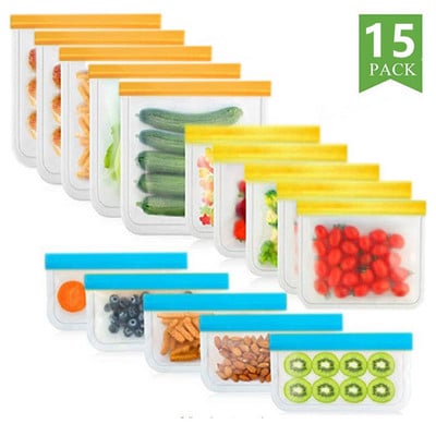 15 bucăți/set de pungi din silicon pentru alimente, pungi reutilizabile pentru păstrarea în stare proaspătă pentru fructe și legume.