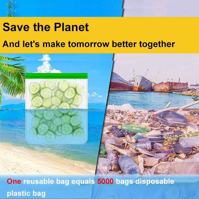 BEEMAN Sac de depozitare a alimentelor din silicon Sac reutilizabil pentru păstrarea în stare proaspătă pentru fructe și legume Sac pentru congelator sigilat pentru alimente, cu fermoar