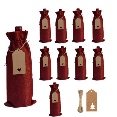 Darčekové tašky na víno z juty, 10 ks, ľanové vrecúška na fľaše vína so sťahovacou šnúrkou, opakovane použiteľné kryty na fľaše vína s 10 m šnúrkou a 10 ks...
