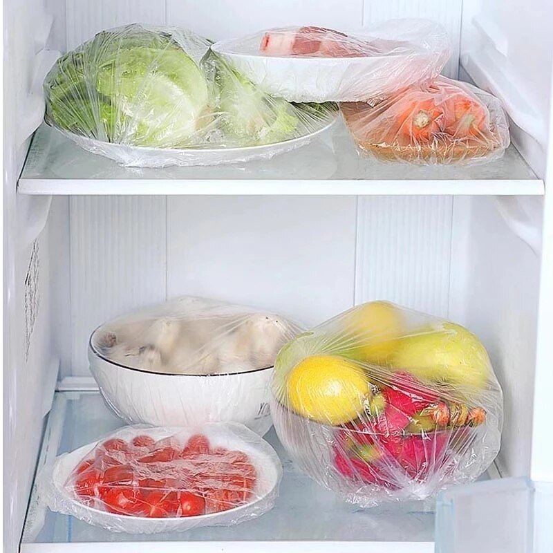 100 ks/vrecko Jednorazový plastový obal na potraviny Kryt na chladničku Elastický uchovávajte čerstvé ovocie Konzervačné vrece do kuchyne Skladovanie potravín