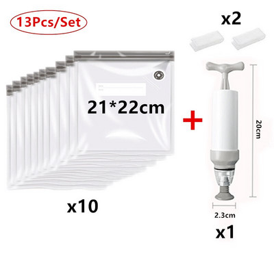 13 ks/sada sivých vrecúšok, opakovane použiteľné vákuové tesniace vrecká na potraviny s ručnou pumpičkou, tesniace spony na vrecká, potravinová fólia na skladovanie a mrazenie potravín
