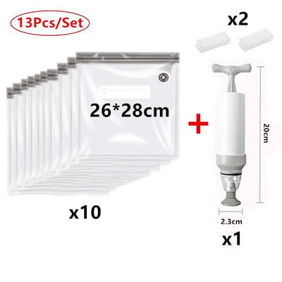 13 vnt / rinkinys Vakuuminis sandarinimo maišelis Daugkartinis maisto laikymo maišelis Buitinis vakuuminis maisto sandarinimo maišelis su užtrauktuku su rankinio siurblio sandarinimo spaustukais