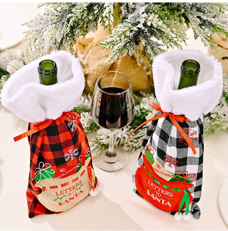 2 bucăți/set broderie cu cec de Crăciun capac pentru sticle de vin roșu saci de decorare pânză de Crăciun decor de masă pentru acasă Cel mai bun cadou 36X16cm