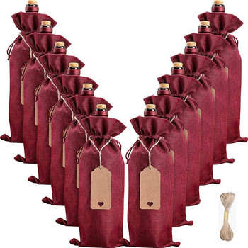 Подаръчни торбички от чул за бутилка вино с етикети за шнурове Въжета Калъфи за бутилки вино за многократна употреба Коледна сватба Рожден ден Празнично парти
