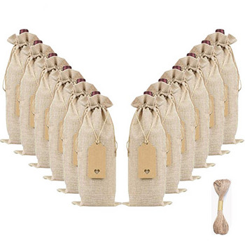 Подаръчни торбички от чул за бутилка вино с етикети за шнурове Въжета Калъфи за бутилки вино за многократна употреба Коледна сватба Рожден ден Празнично парти