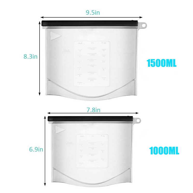 Silikónové vrecko na opakované použitie, 1000 ml, 1500 ml, kuchynské silikónové vrecko na skladovanie potravín, eko zipsové tesnenie, mraziace vrecko, čerstvé vrecká