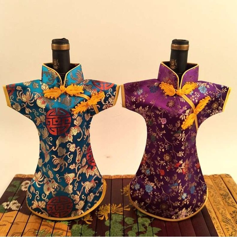 10 ks luxusných čínskych šiat z hodvábneho brokátu, kryty na fľaše vína, vrecko na prach 750 ml, baliace vrecká, vianočné dekorácie na svadobný stôl