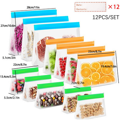 Комплект торби за многократна употреба PEVA Торбички за съхранение на храна Фризерни торбички Устойчиви на течове Съхранение на храна Запечатани торбички за храна Опаковки за замразяване