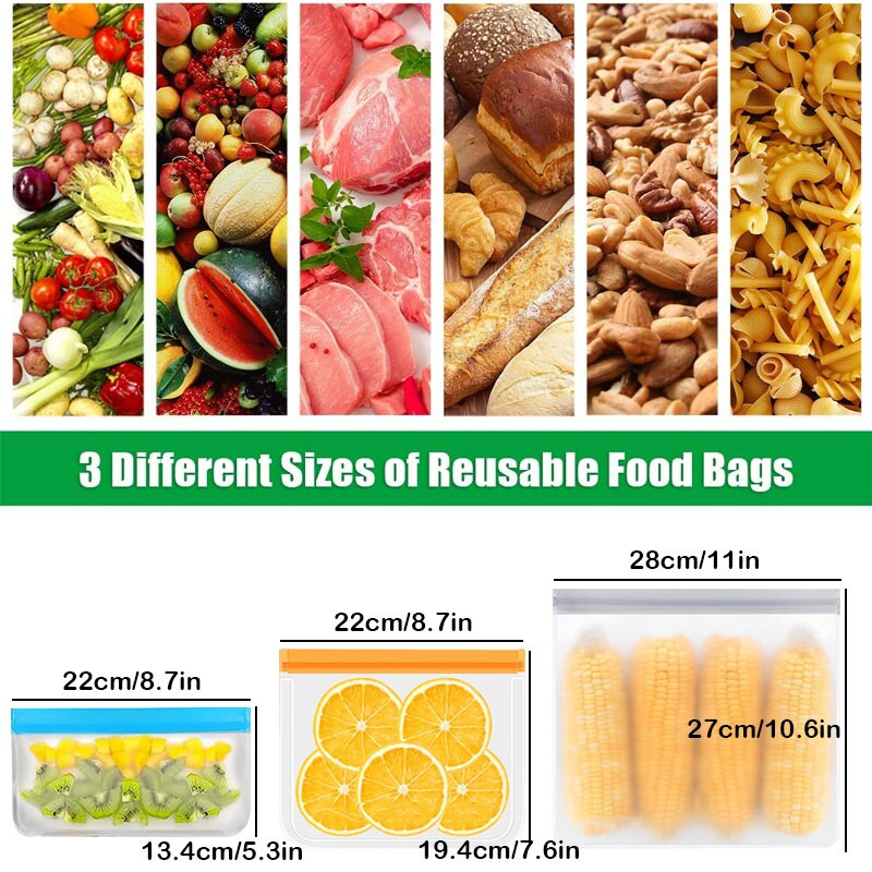 Комплект торби за многократна употреба PEVA Торбички за съхранение на храна Фризерни торбички Устойчиви на течове Съхранение на храна Запечатани торбички за храна Опаковки за замразяване