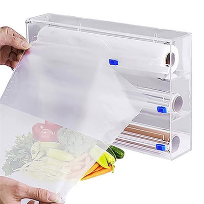 3 В 1 Дозатор за пластмасови опаковки с резец Опаковка за храна Организатор за съхранение на фолио Органайзер от акрилно фолио за кухненски чекмедже