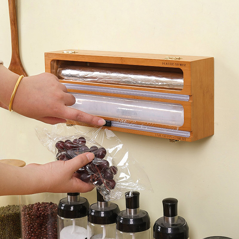 3-IN 1 plastikust ümbrise jaotur koos lõikuriga toidukile toidukilega hoiustamisorganiga Akrüülfooliumist vahend köögisahtli jaoks