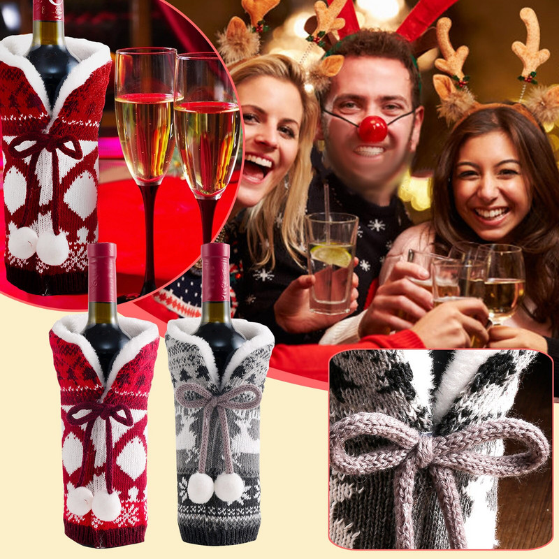 Vianočná sada tašiek na víno, atmosféra, vianočná dekorácia, víno, domáca pletená sviatočná sada, farebné plastové poháre na víno so stopkou