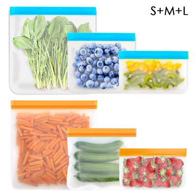 3GAB (S+M+L) silikona pārtikas uzglabāšanas maisiņi Atkārtoti lietojami maisiņi ar rāvējslēdzēju Necaurlaidīgi saldētavas maisiņi augļiem dārzeņiem pārtikas uzglabāšanas trauki