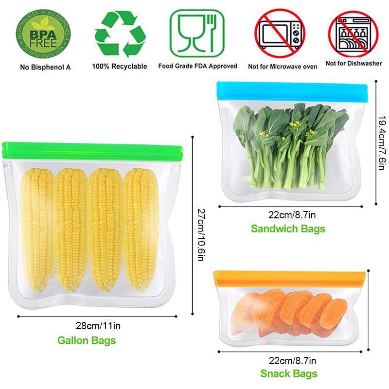 3 TK (S+M+L) silikoonist toidu säilituskotid Korduvkasutatavad lukuga kotid Lekkekindel sügavkülmkott puu- ja juurviljade jaoks, toiduainete säilituskonteinerid