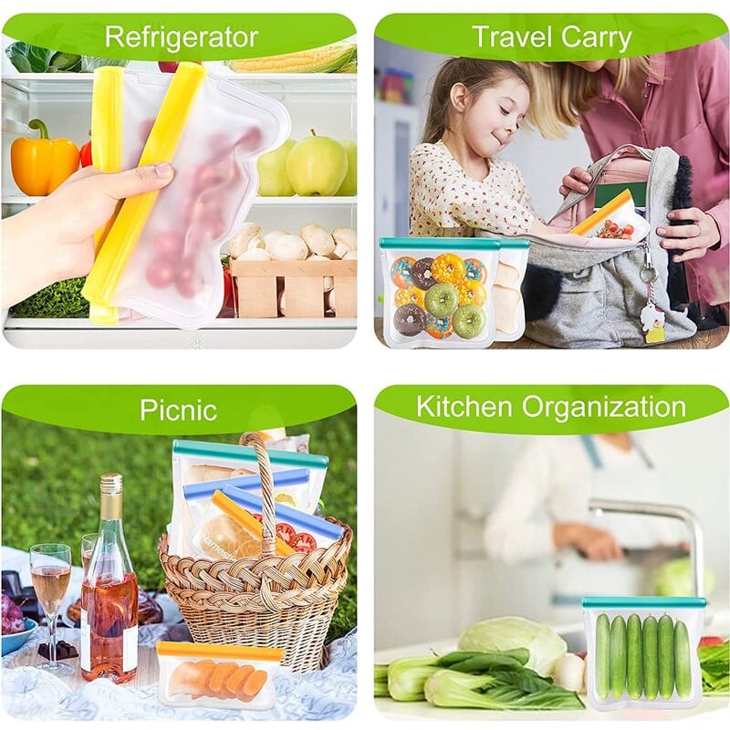 3 TK (S+M+L) silikoonist toidu säilituskotid Korduvkasutatavad lukuga kotid Lekkekindel sügavkülmkott puu- ja juurviljade jaoks, toiduainete säilituskonteinerid