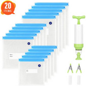 17/20 ks vákuové vrecko na uzatváranie potravín do domácnosti s ručnou pumpičkou, uzatváracou sponou, vákuovým uzatváracím vreckom, opakovane použiteľným vreckom na skladovanie potravín