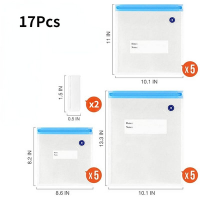 17/20 ks vákuové vrecko na uzatváranie potravín do domácnosti s ručnou pumpičkou, uzatváracou sponou, vákuovým uzatváracím vreckom, opakovane použiteľným vreckom na skladovanie potravín