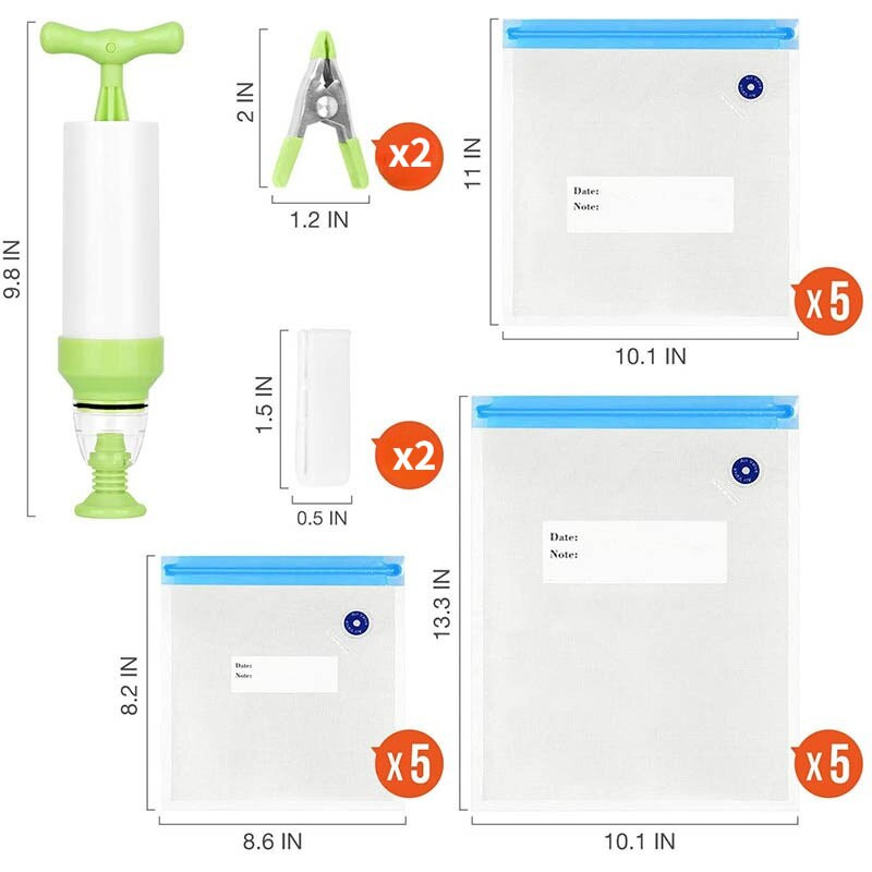 17/20 ks vákuové vrecko na uzatváranie potravín do domácnosti s ručnou pumpičkou, uzatváracou sponou, vákuovým uzatváracím vreckom, opakovane použiteľným vreckom na skladovanie potravín