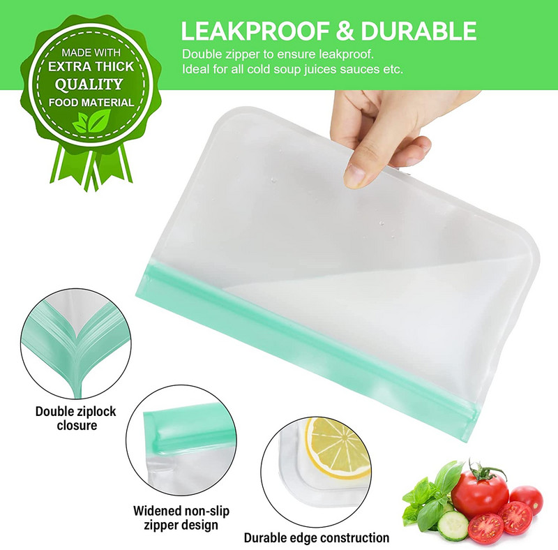 Saci reutilizabile pentru depozitarea alimentelor Saci PEVA cu fermoar Saci pentru gustare Saci pentru sandvici Saci pentru congelator rezistent la scurgeri pentru bucatarie Carne Fructe Legume Prânz