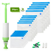 20 ks/sada vákuových tesniacich vreciek, opakovane použiteľné súpravy na skladovanie potravín s ručnou pumpičkou, tesniace spony na vrecko, potravinová fólia na skladovanie a mrazenie potravín