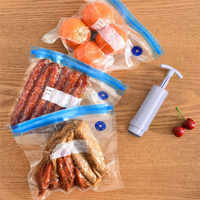 Opakovane použiteľné vákuové tesniace vrecká na skladovanie potravín s ručným čerpadlom, tesniace spony na vrecko, potravinová fólia na skladovanie a mrazenie potravín