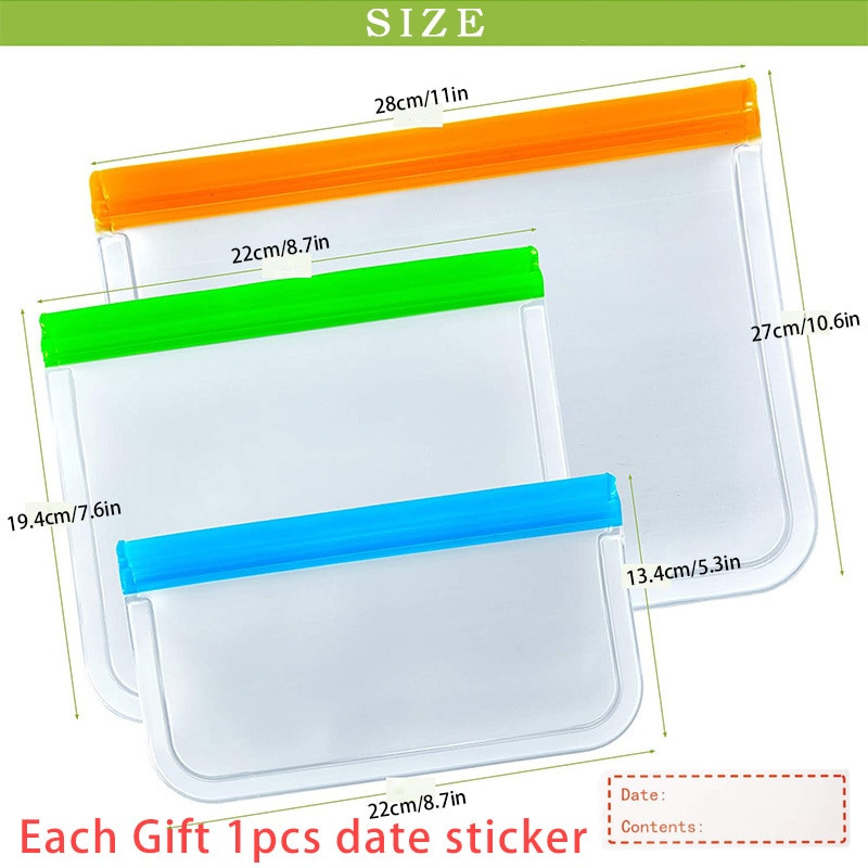 3 ks/sada opakovane použiteľných PEVA vreciek na skladovanie potravín, nepriepustných mraziacich vreciek, galónových vreciek, plastových nádob na skladovanie potravín