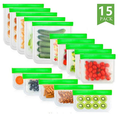 15 bucăți/set de pungi de alimente din silicon PEVA pungă de conservare a alimentelor pungă etanșă pentru fructe și legume, cu fermoar pentru depozitarea alimentelor.