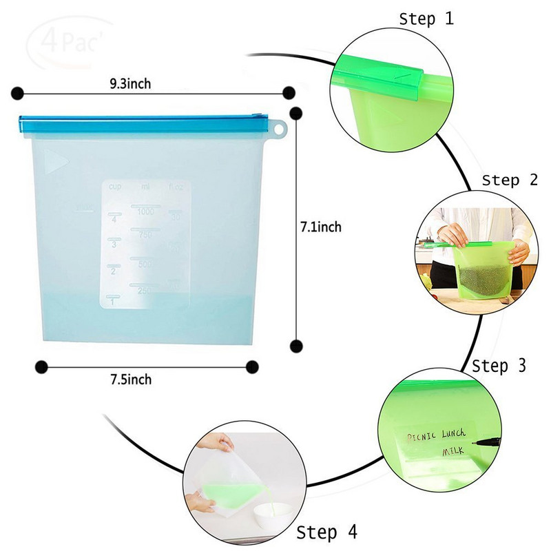 Silikónové vrecká na potraviny 500/1000/1500ml, opakovane použiteľné vrecko na uchovávanie čerstvosti potravín, uzatvárateľné na zips, mrazničky, varenie a varenie (sada 2 a 4 kusov)