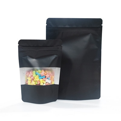 Vlastné logo Tlač laminované hliníkové Mylar balenie Stand Up Puzdro Matná čierna farebná taška s oknami