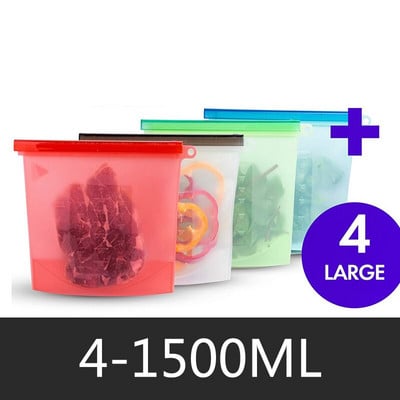 4/8 ks opakovane použiteľné silikónové úložné vrecko opakovane použiteľné silikónové vrecká na potraviny na utesnenie potravín so zipsom, mrazničky, varenie a čerstvé vrecká