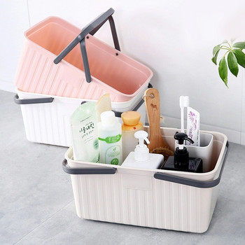 Преносима пластмасова кошница за съхранение на баня с дръжка Правоъгълна кошница за съхранение на душ гел за дрехи Организатор Контейнер за тоалетни принадлежности