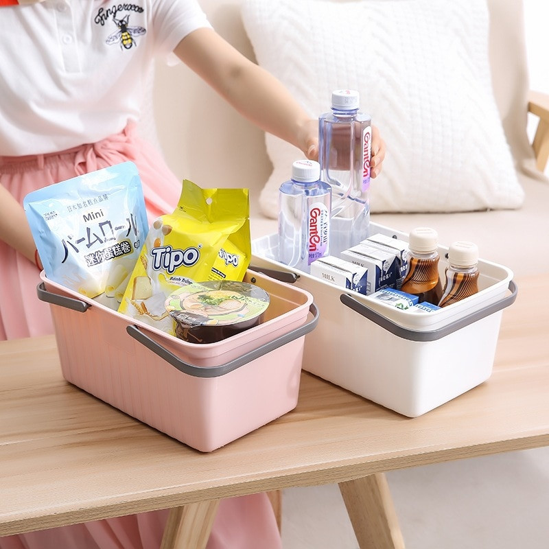 Coș portabil de depozitare pentru baie din plastic cu mâner, haine dreptunghiulare, gel de duș, coș de depozitare pentru articole de toaletă, organizator