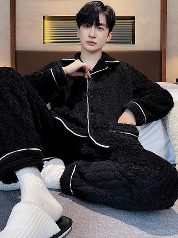 Мъжка пухена пижама с джобове -черен и сив цвят