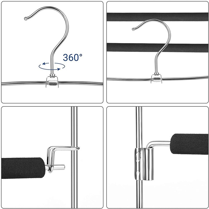 Kelnių pakabos, taupančios vietą, 3 metalinių pakabų rinkinys, stabilus, neslystantis paminkštinimas, pasukami kelnių strypai