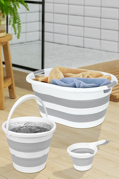 Комплект от 3 сгъваема кошница за пране Сгъваема кофа за вода с акордеон Ново поколение почистваща сгъваема кошница за пране Силиконова