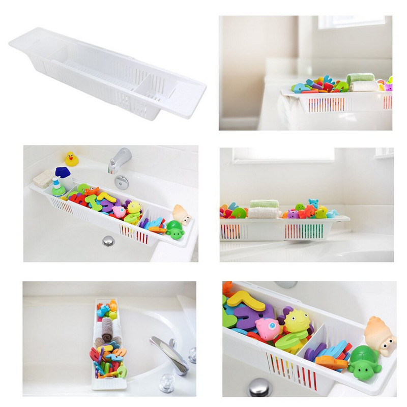 Vaňový Caddy Tray Basket Lock Výsuvný multifunkčný úložný držiak do kúpeľne Odtokový regál Stojan na hračky do kúpeľne Organizér do kúpeľne