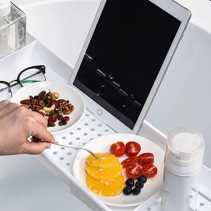 Rozšíriteľná vaňová misa, organizér na vaňu, stojan na jedlo, víno, knihu, telefón, držiak na stôl, vodotesná polica, kúpeľňové doplnky do vane
