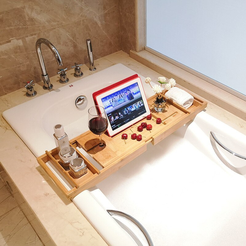 Vonios juostos laikymo lentyna Daugiafunkcis teleskopinis tualetas Plokščias telefono stovas Vonios dušo stovas Bambuko vonios kriauklės padėklas