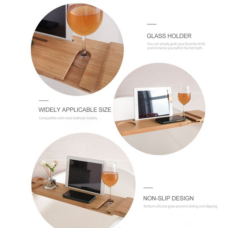 Bambusová vaňová tácka, organizér na vaňu, stojan na knihy, držiak na víno, protišmyková spodná vaňová tácka, mostíková polica