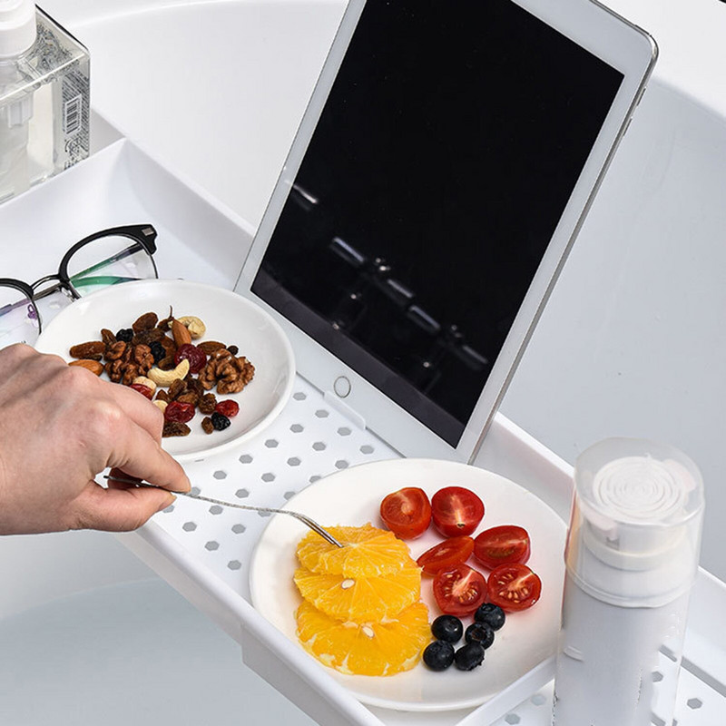 Polica do kúpeľne, rozšíriteľná vaňová polica, plastový multifunkčný úložný stojan na vaňu, držiak na knihy, víno, telefón, organizér do kúpeľne