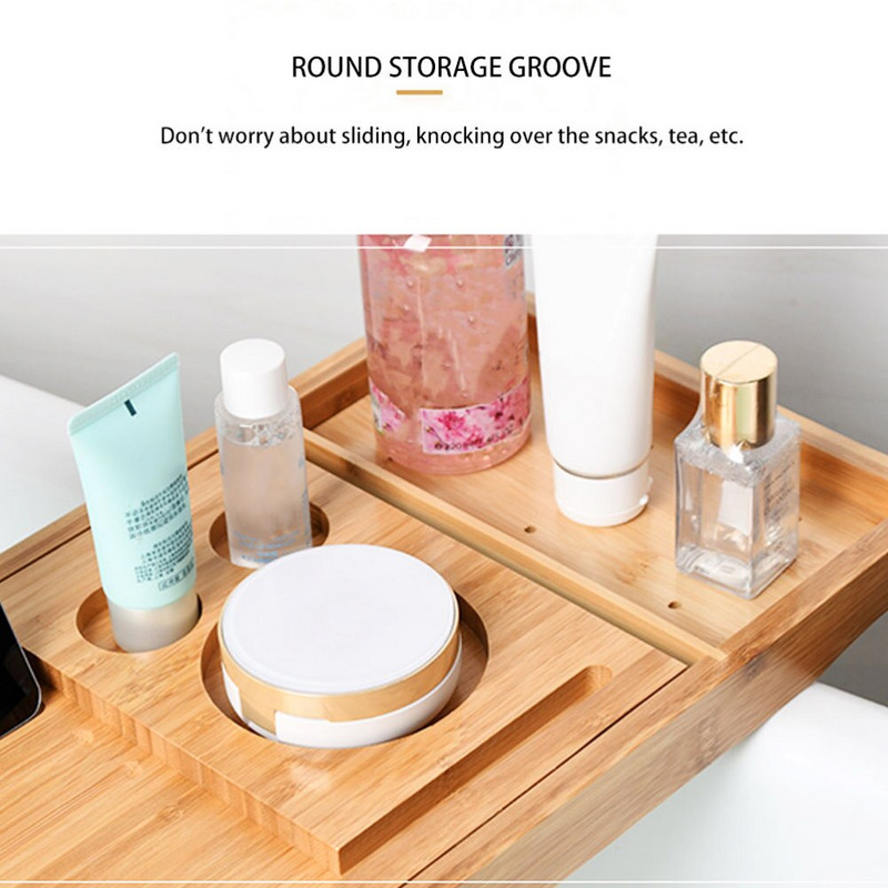 Multifunkčný servírovací podnos na vaňu, bambusový mostík na kúpeľňu, užitočný úložný stojan, polica, teleskopický držiak na tablet do kúpeľne a domácnosti (105x)