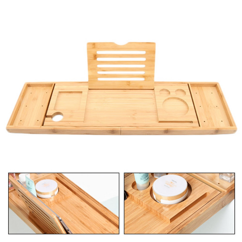 Multifunkčný servírovací podnos na vaňu, bambusový mostík na kúpeľňu, užitočný úložný stojan, polica, teleskopický držiak na tablet do kúpeľne a domácnosti (105x)