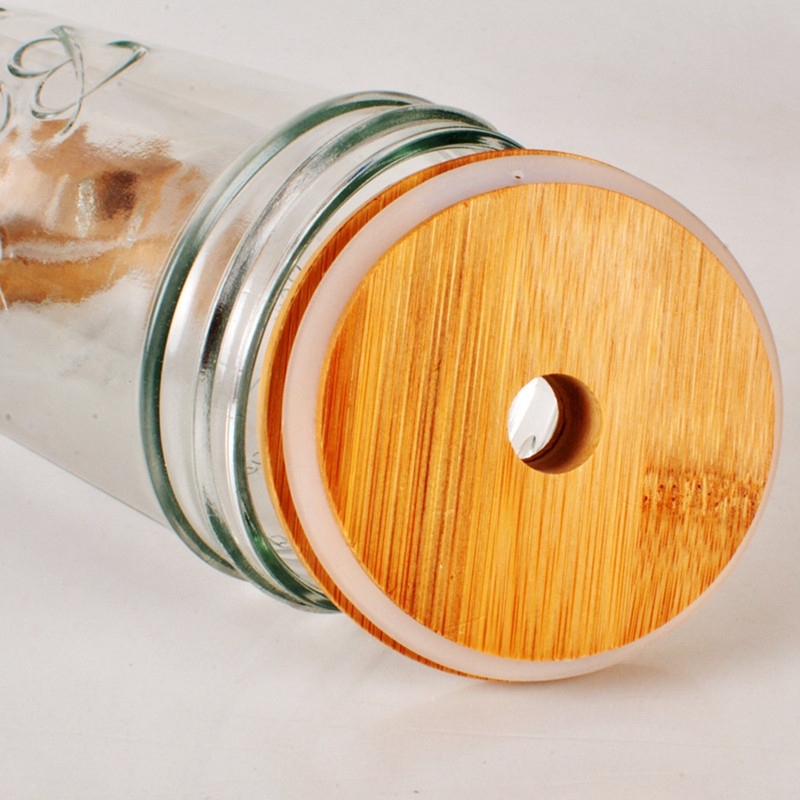 6 vnt 62/68/70/86 mm bambukiniai dangteliai, skirti Mason Jars kokso stiklinių puodeliui Daugkartinio naudojimo natūralūs mediniai dangteliai su anga šiaudelių puodeliui