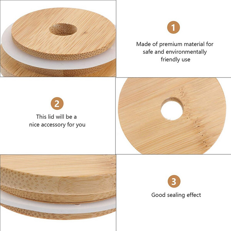 6 vnt 62/68/70/86 mm bambukiniai dangteliai, skirti Mason Jars kokso stiklinių puodeliui Daugkartinio naudojimo natūralūs mediniai dangteliai su anga šiaudelių puodeliui