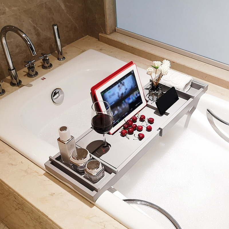 Tavă pentru cada de baie din bambus Accesorii pentru raft pentru baie Tavă de baie extensibilă Suport reglabil pentru vin Tabletă Organizator de cărți Tavă de servire