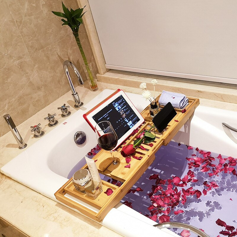 70-105 cm produljiva bambusova kadica za kadu Neklizajuća kadica za kadu Spa kada Knjiga Vinska tableta Drvena kadica za bar za odlaganje