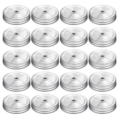 20 части метални обикновени капаци за буркани Mason Jar с дупка за слама, съвместими с буркани Mason Jar (сребърни, 2,7 инча)
