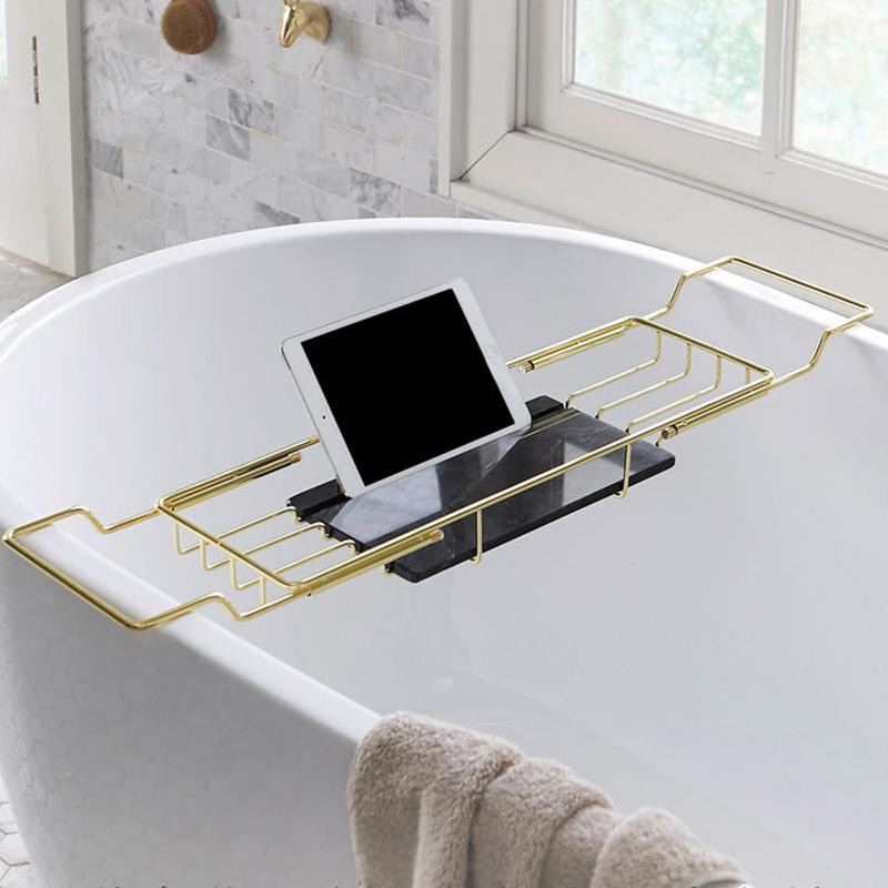 Tavă de baie pentru cadă Organizator de baie extensibil Organizator de duș pentru telefon, tabletă, carte, pahar de vin